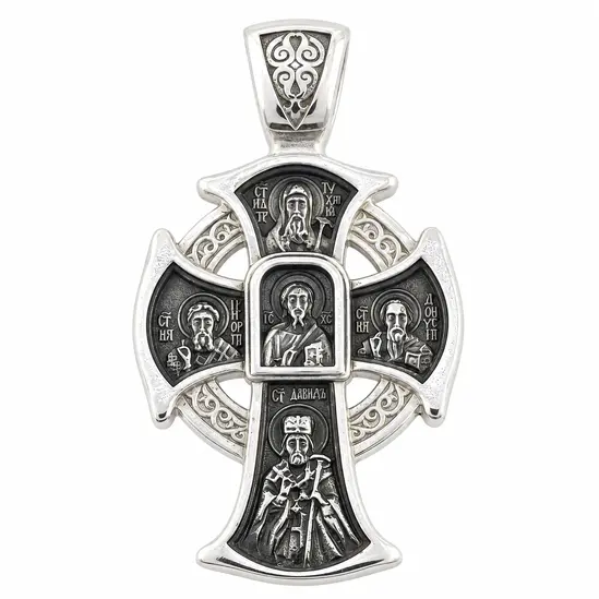 Оксидиран сребърен кръст с Иисус Христос, Свети Георги и Свети Димитър