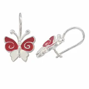 Сребърни детски обеци пеперуда с червен и бял емайл