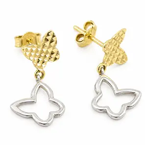 Златни дамски висящи обеци пеперуди от бяло и жълто злато 14k