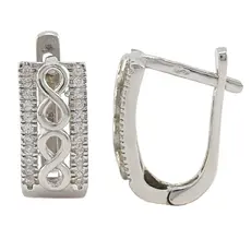 Сребърни дамски обеци безкрайност с циркони на бял фон
