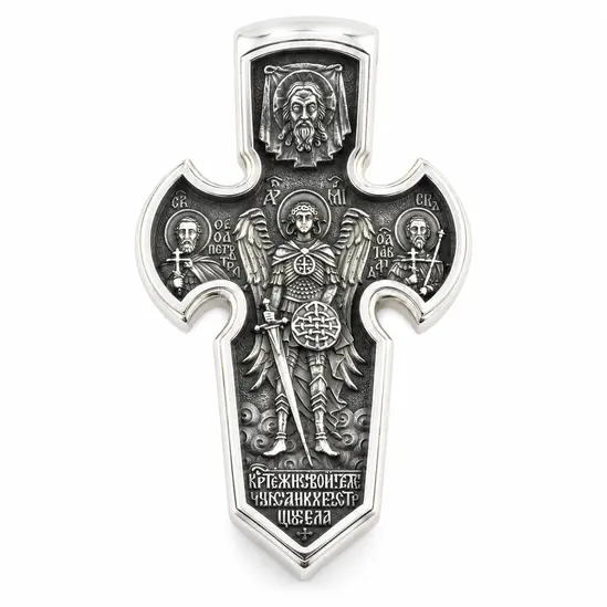 Масивен мъжки кръст от сребро 925 с архангелски образ и светци