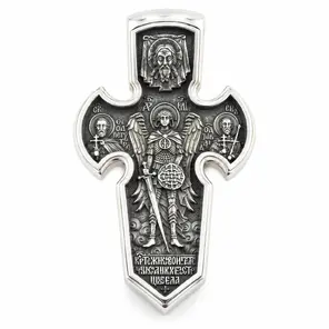 Масивен мъжки кръст от сребро 925 с архангелски образ и светци