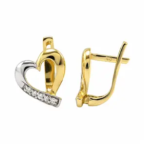 Златни дамски обеци сърца от бяло и жълто злато с циркони 14k