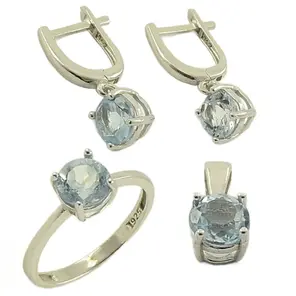 Сребърен комплект със син топаз 3.50 ct – пръстен, обеци и висулка 36231