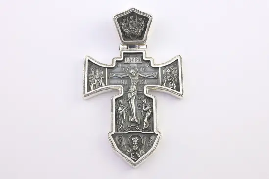 Масивен православен кръст от сребро 925 с двустранна религиозна композиция